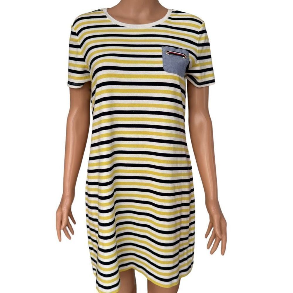 Tommy Hilfiger Women’s Yellow Blue White Striped Dress Size L 100% cotton